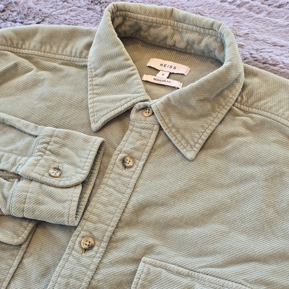 Reiss Cialini Mens Sage Green Corduroy Button Down Shirt Regular Fit Small